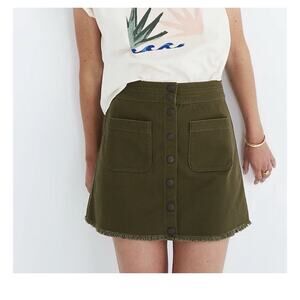 Madewell Raw Hem A Line Button Down Cotton Mini Skirt In Kale Green Size 0